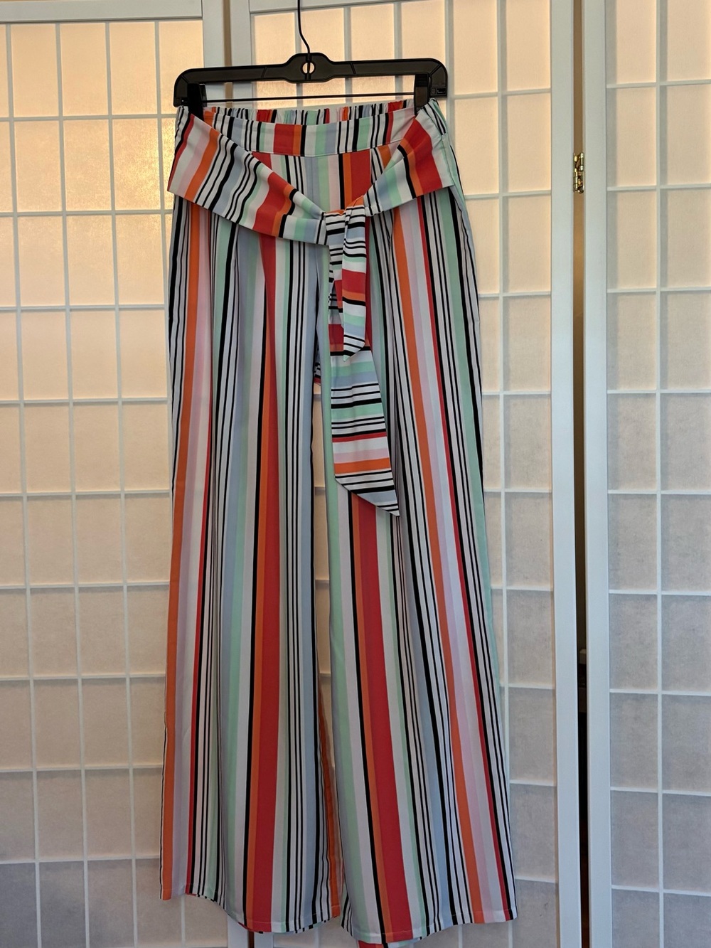 Bar III Multi-Color Striped Wide-Leg Pants with Tie Waist